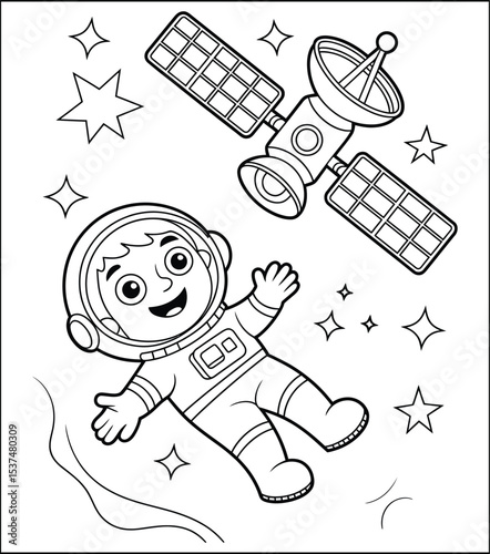 Coloring page of a happy astronaut floating in space with stars