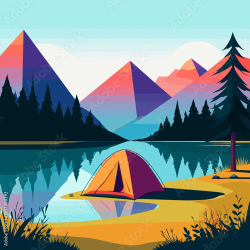 Vector camping scene with a tent on a lake in the mountains