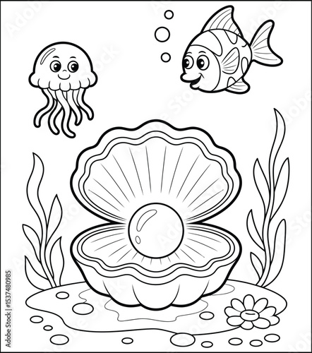 Cute Undersea World Coloring Page with Pearl Fish and Jellyfish