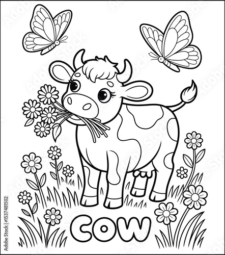 Cute Cartoon Cow with Flowers and Butterflies for Coloring Book