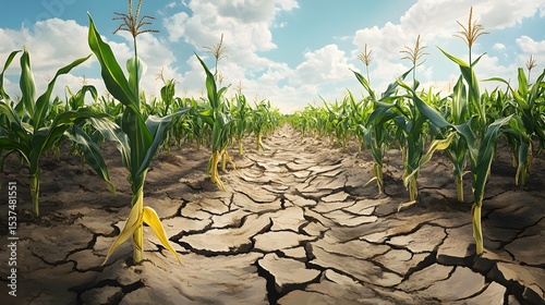 Heartbreaking vector illustration of frail corn plants fighting against cracked, arid soil in a desolate landscape capturing nature's struggle