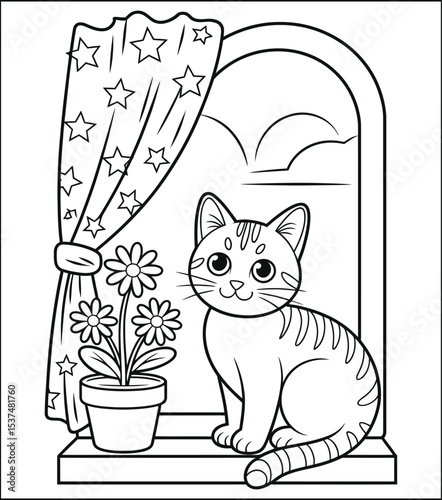 Cute Cat Sitting by a Window with Flowers Coloring Page
