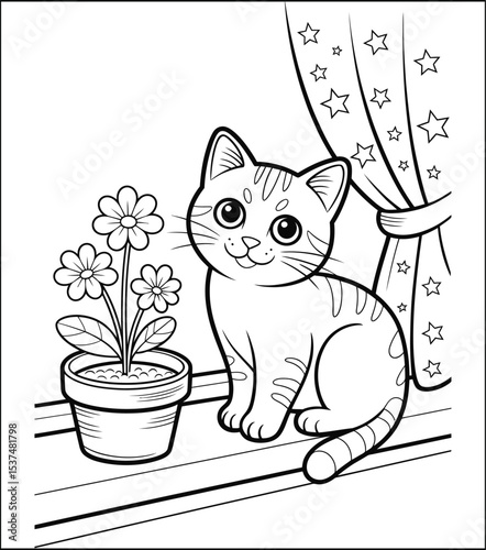 Cute Cartoon Cat Sitting on a Windowsill with Flowers Coloring Page