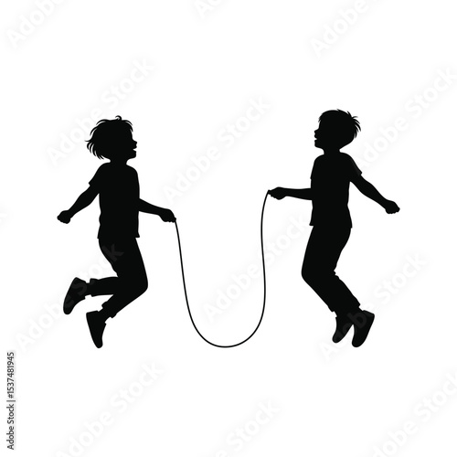 Silhouette of Two Children Jumping Rope Joyful Kids Playing Active Childhood Fun Illustration
