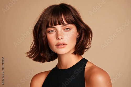 Portrait of a Young Woman With Stylish Hair and Natural Makeup Against a Dark...