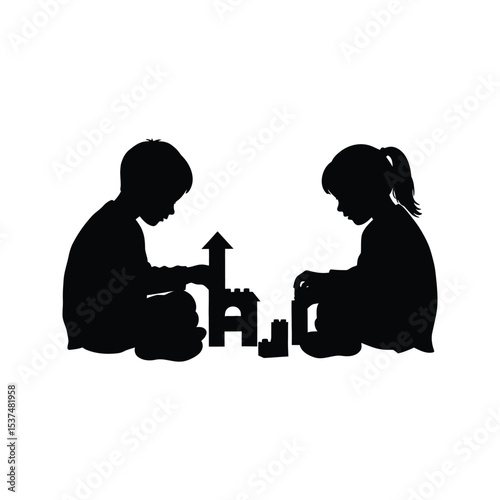 Silhouette of two children playing with building blocks creating a castle kids playtime illustration