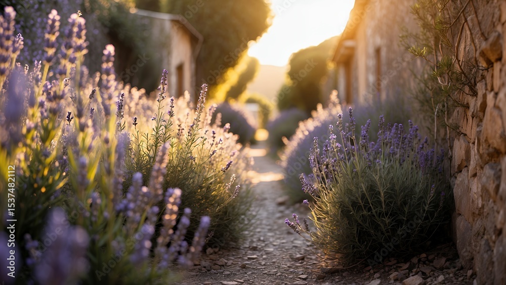 Obraz premium Walking through lavender path in countryside during golden hour sunset