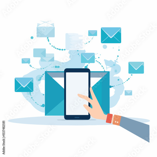 Professional vector illustration of hands using smartphone for sending emails
