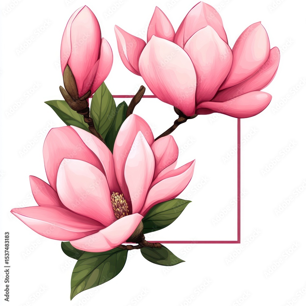 Fototapeta premium Pink magnolia blossoms in square frame