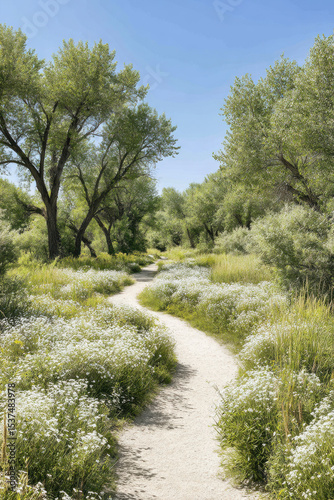 serene summer landscape in manitoba park featuring sunlit trails surrounded by lush greenery and wildflowers
