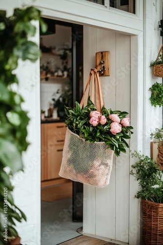 Peonies Hanging in a Mesh Bag Beside a Rustic Wooden Door in a Sunlit Garden.