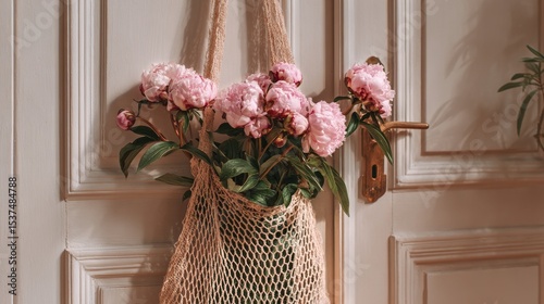Beautiful Peonies in a Woven Bag Hanging Against a Light Wooden Backdrop.