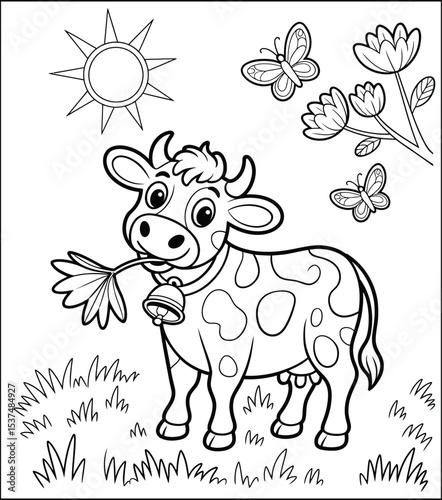 Cute Cartoon Cow with Flower Coloring Page for Kids Activity