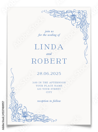 Wedding Invitation Card with Floral Line Art Frame