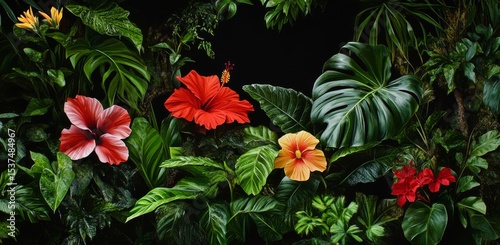 Vivid Tropical Flowers Surrounded by Lush Green Foliage in a Vibrant Natural ...