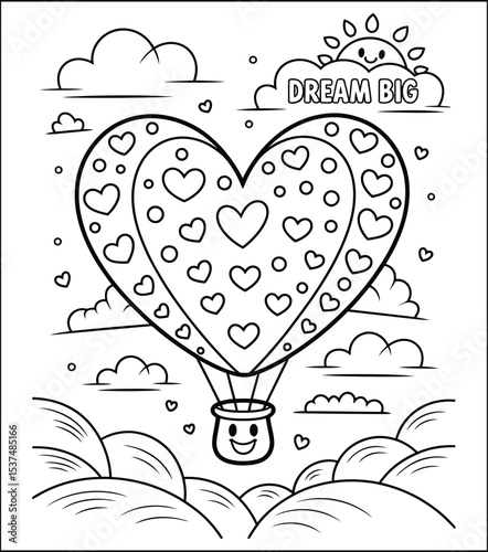 Heart Shaped Hot Air Balloon Coloring Page with Dream Big Message