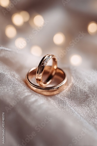 Two Elegant Wedding Rings on Soft Fabric With Warm Lights Create Romantic Atm...