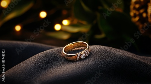Two Elegant Wedding Rings Resting on a Soft Surface With Golden Bokeh Backgro...
