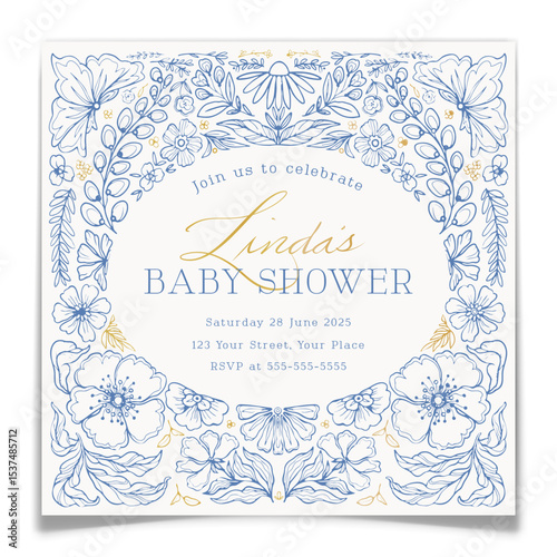 Baby Shower Invitation Card with Blue French Toile