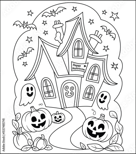 Halloween Haunted House Coloring Page with Pumpkins Ghosts and Bats