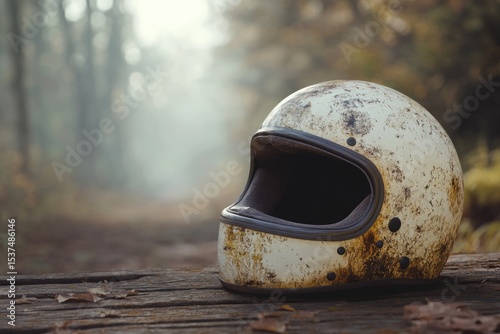 A vintage motorcycle helmet rests on weathered wood, evoking a sense of adventure and nostalgia amidst a hazy forest background.
