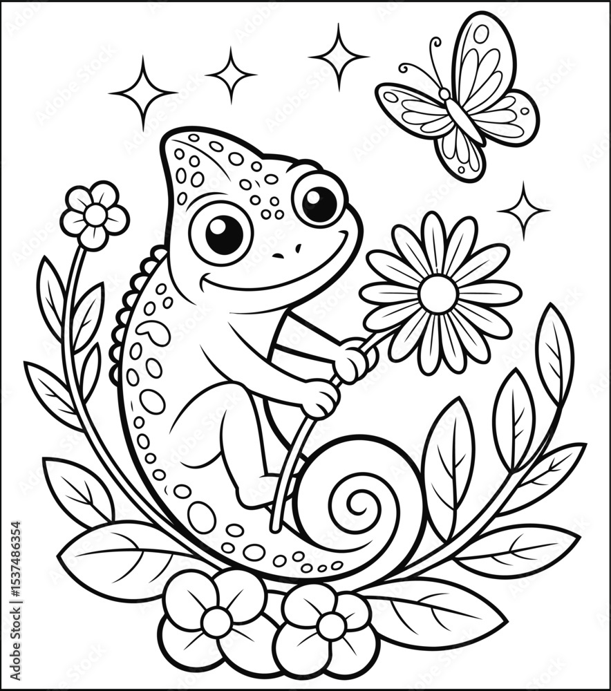 Fototapeta premium Chameleon with Flower and Butterfly Coloring Page for Kids