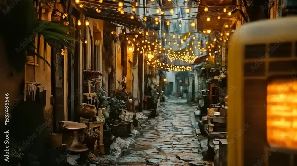 Warm Glow on a Cobblestone Street: Nostalgic Alleyway Illumination in Urban Setting Warm Glow on a Cobblestone Street: Nostalgic Alleyway Illumination in Urban Setting
