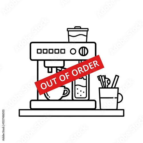 Office coffee machine with “Out of Order” sign, symbolizing service issues.