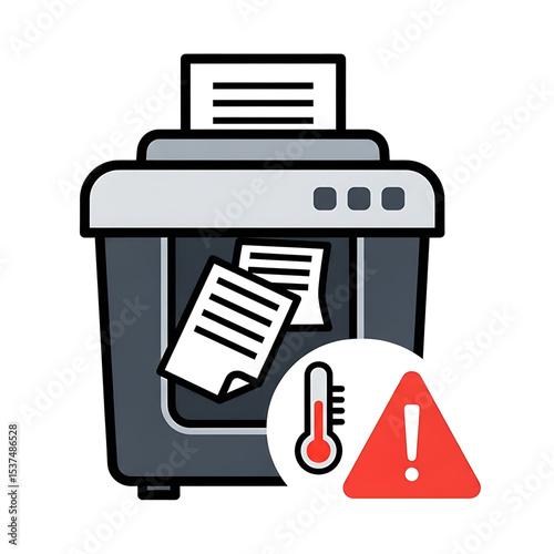Overheated shredder with document and warning, symbolizing misuse or hazard.