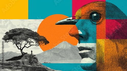 Exploring the connection between nature and self in a vibrant landscape with geometric shapes and a majestic bird figure