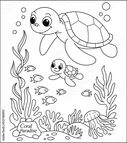 Cute Sea Turtle Family Coloring Page in Coral Paradise Underwater World