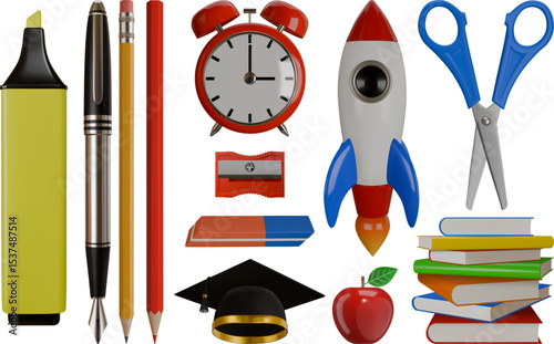 set of school isolated 3d supplies. collection of school items realistic illutration. back to school elements