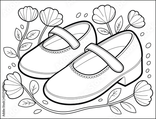 Elegant Mary Jane Shoes and Floral Design Coloring Page for Kids
