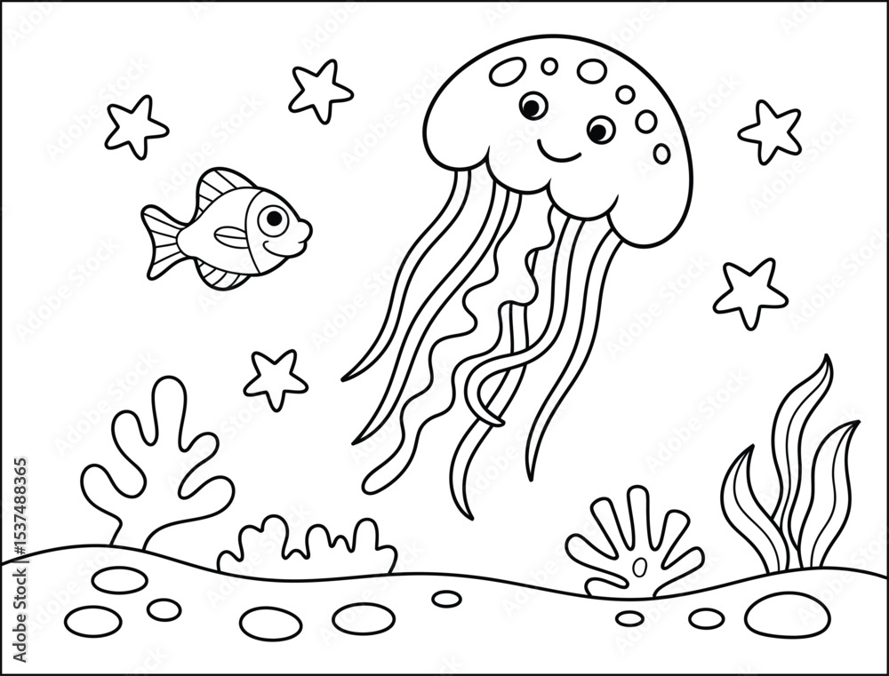 Fototapeta premium Cute Undersea Scene with Jellyfish Fish Starfish and Seaweed Coloring Page