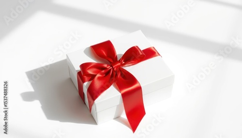 Elegant Gift Presentation: White Box with Red Satin Ribbon, Light and Shadow