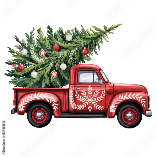 A vintage red truck is adorned with snowflake patterns and is carrying a lush Christmas tree in its bed. photo