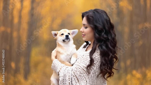 beautiful well-groomed dark-haired woman holding a cute puppy in her arms. autumn walk in the park