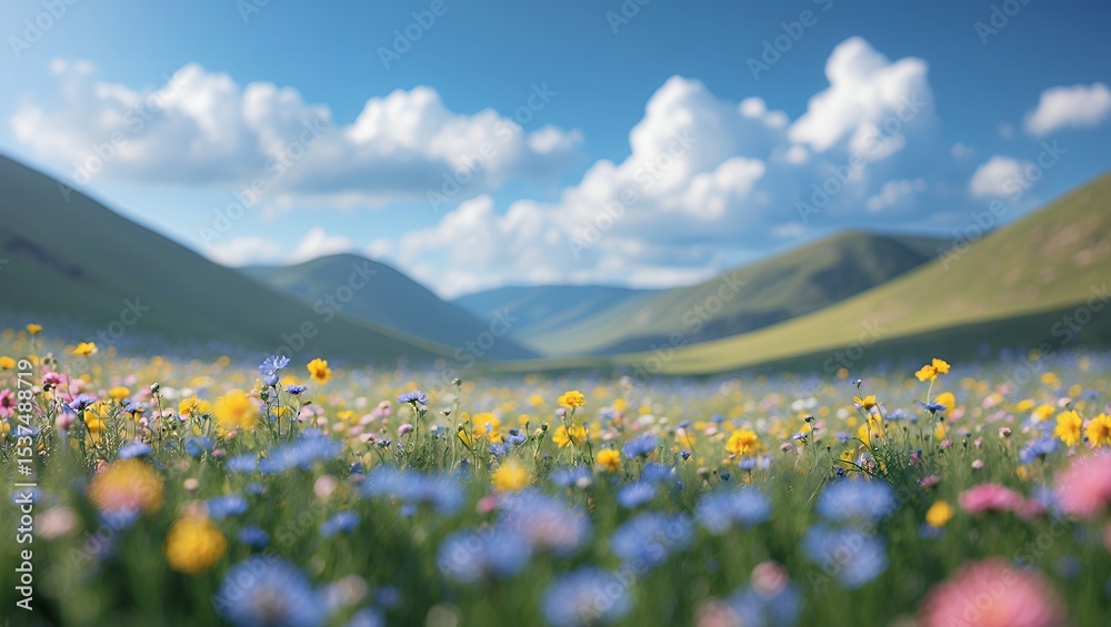 Fototapeta premium Blooming Wildflower Meadow in Green Valley Under Cloudy Blue Sky