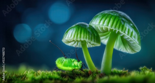 In a mysterious dark forest, mystical fly agarics emit a glow, creating a fairytale background for Halloween
