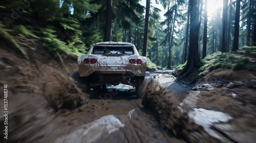 White buggy speeding on muddy road in forest