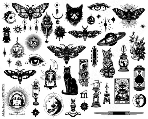Mystical Black and White Elements Vector Pack: An enchanting arrangement of celestial elements, including eyes, moons, cats, and butterflies, offering a blend of mystery and elegance.