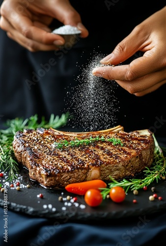Preparing a Delicious Steak With Fresh Herbs and Spices Before Serving