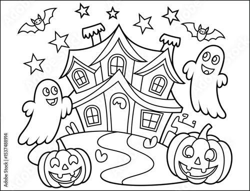 Halloween Coloring Page with Haunted House Ghosts Pumpkins Bats and Stars
