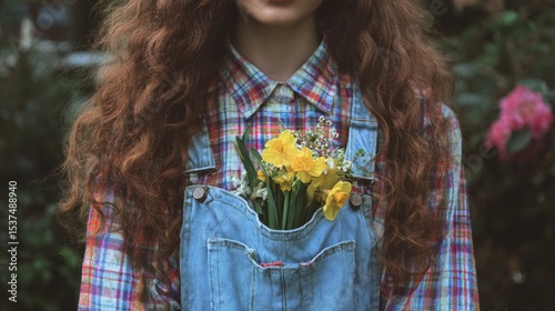 Young Woman Wearing Overalls Holds Bright Flowers in Pocket Outdoors During S...