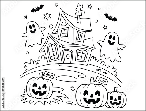 Halloween Coloring Page with Haunted House Pumpkins Ghosts Bats and Stars