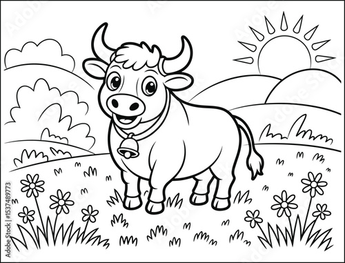 Cute Cartoon Bull Coloring Page with Landscape Background for Kids