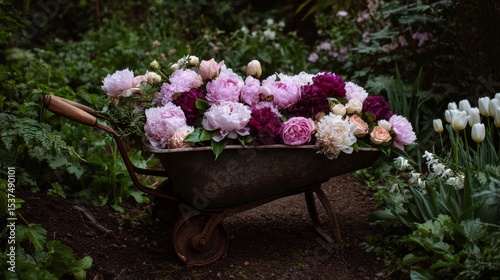 Colorful Flowers in a Wheelbarrow Resting in a Lush Garden During Springtime