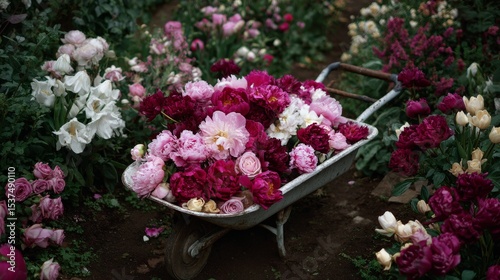 Colorful Flowers in a Wheelbarrow Resting in a Lush Garden During Springtime.