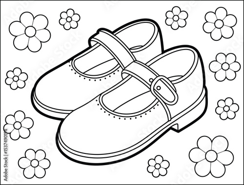 Elegant Mary Jane Shoes and Flowers Coloring Page for Children