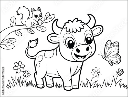Cute Cartoon Cow Squirrel and Butterfly in a Black and White Coloring Page